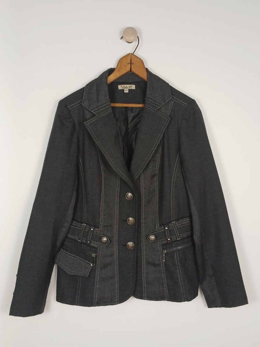Women Grey Blazer Small False Pockets Decorative Buttons Dark Academia Style